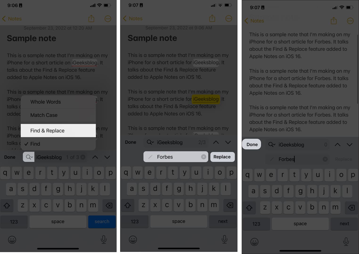 Tap Done to find and replace texxt in Notes app on iPhone