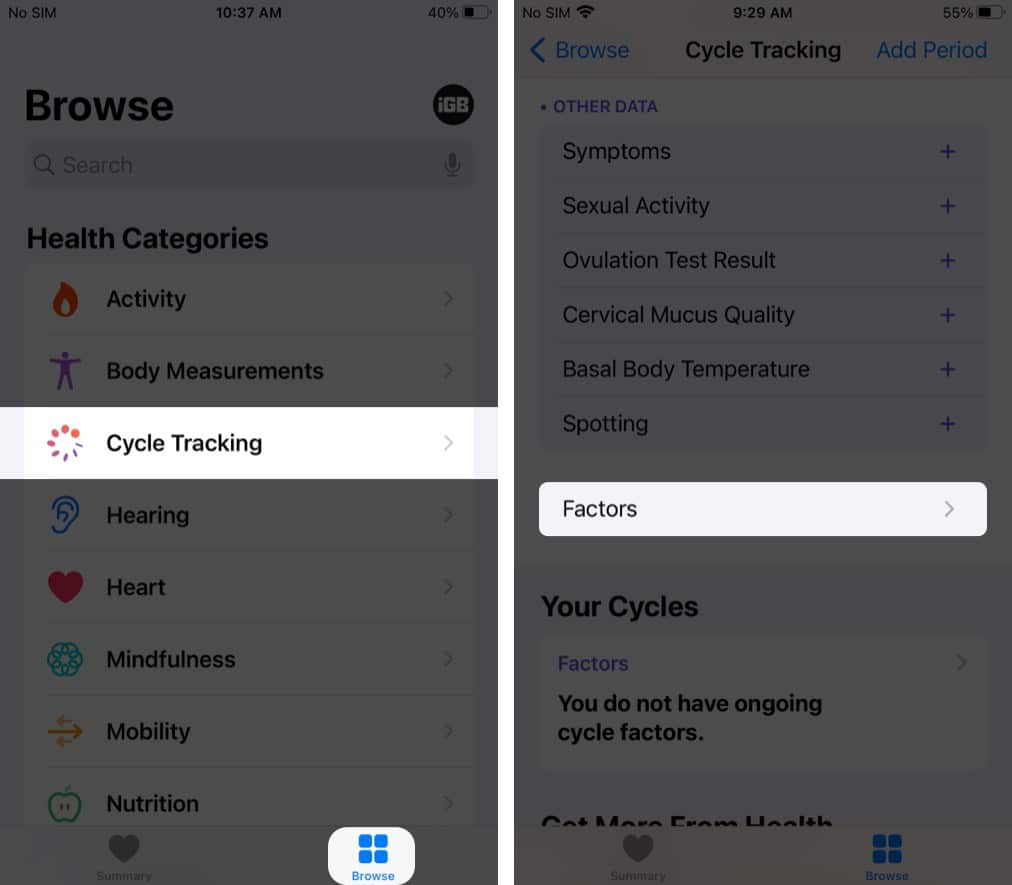 Tap Factors in cycle tracking on iPhone
