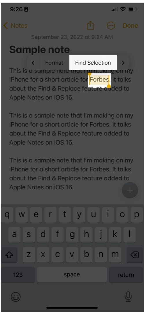 Tap find selection in Note app on iPhone