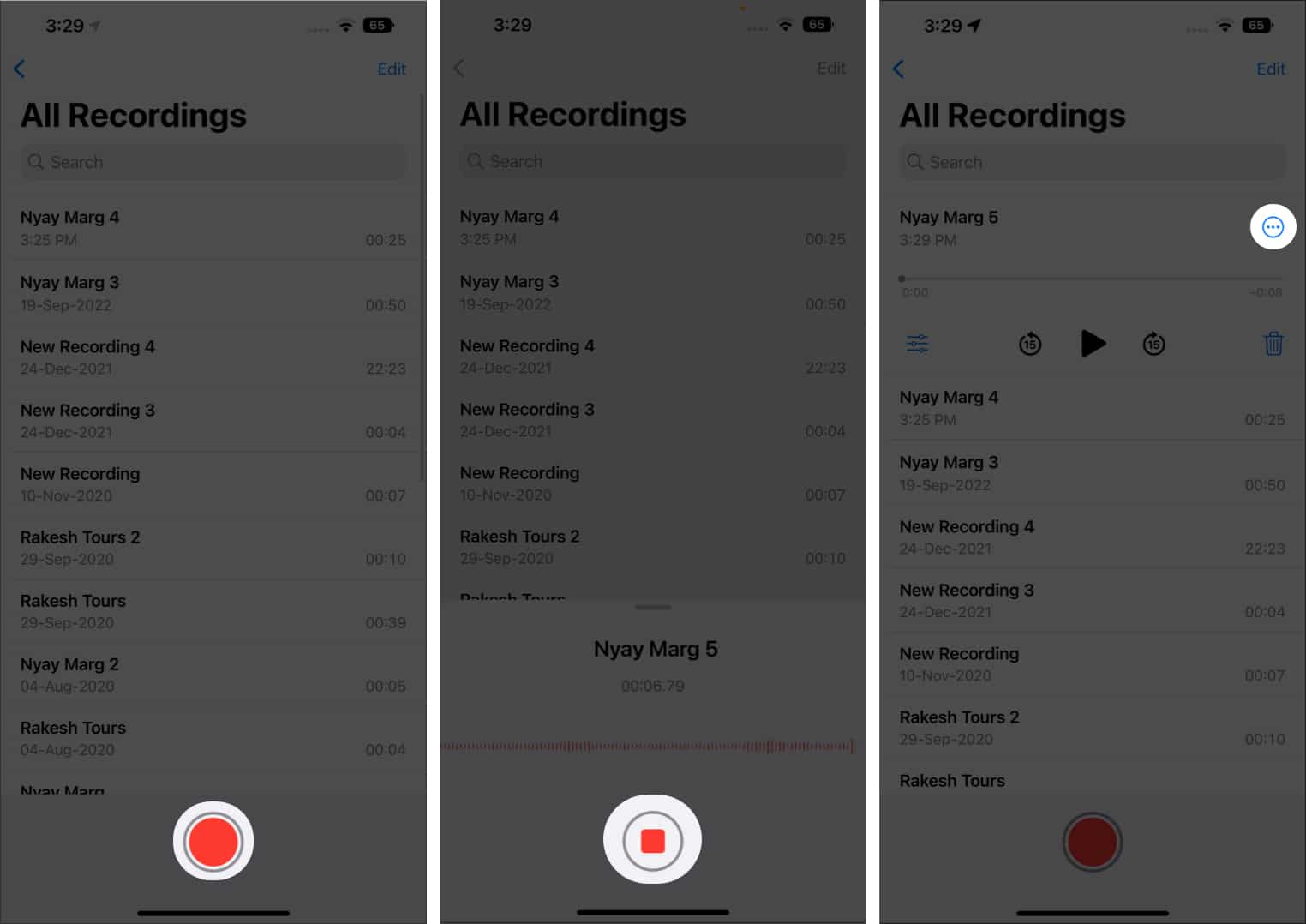 Érintse meg a három pont ikont a hangjegyzet rögzítéséhez az iPhone készüléken
