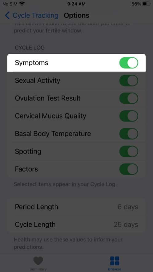 Toggle on Symptoms in health app on iPhone