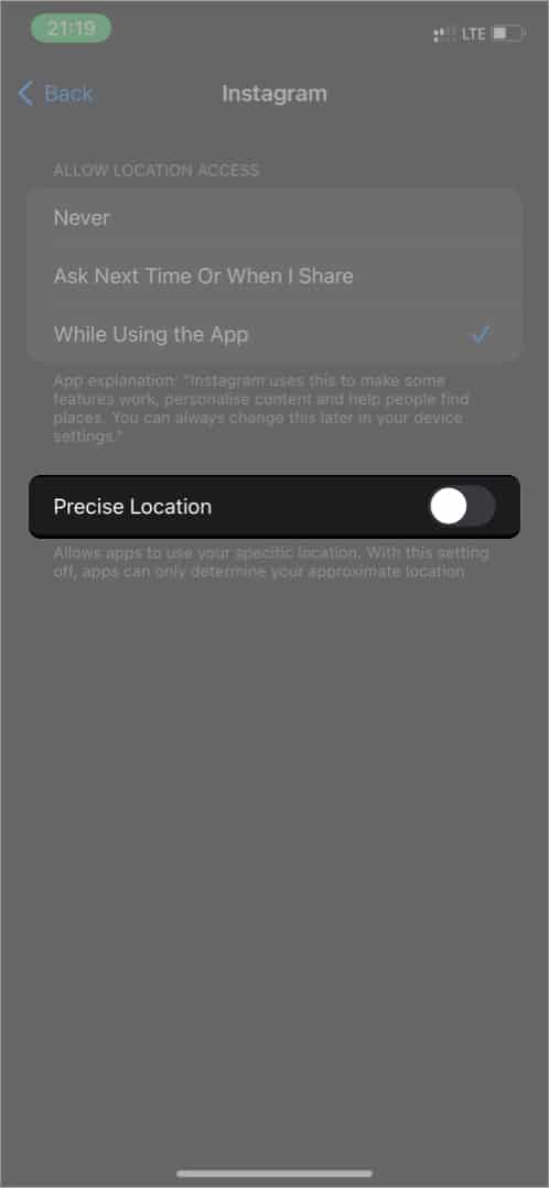 Turn off location service for Instagram