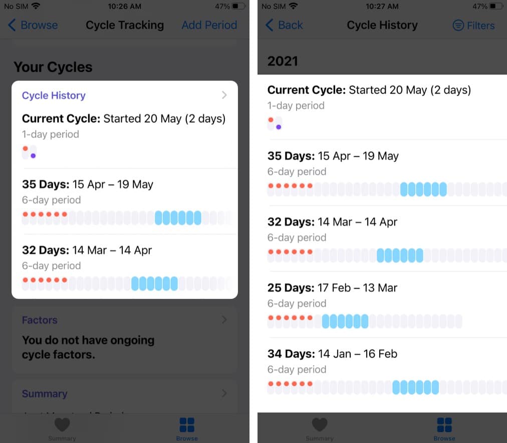 View your cycle history and statistics in the Health app