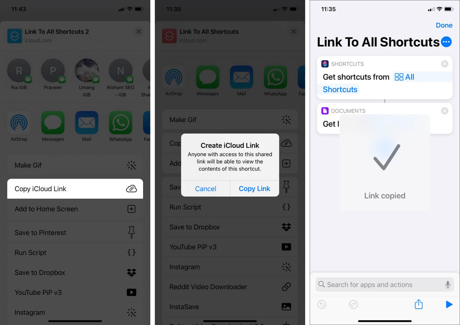 Create iCloud Link for Shortcut on iPhone