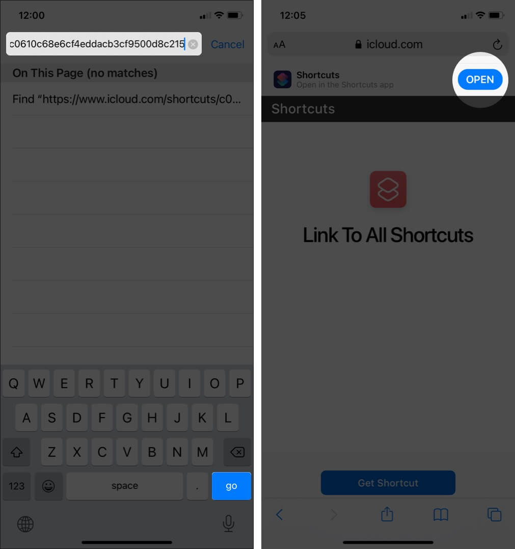 Paste Shortcut Link in Safari and Then Tap on Open