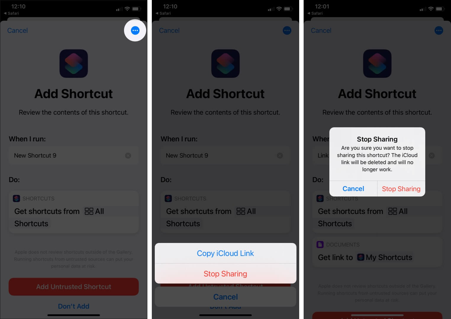 Stop Sharing a Shortcut from iPhone