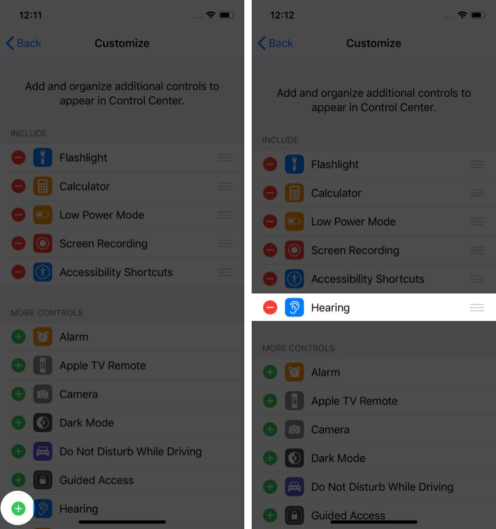 tap on plus to add hearing option to control center on iphone