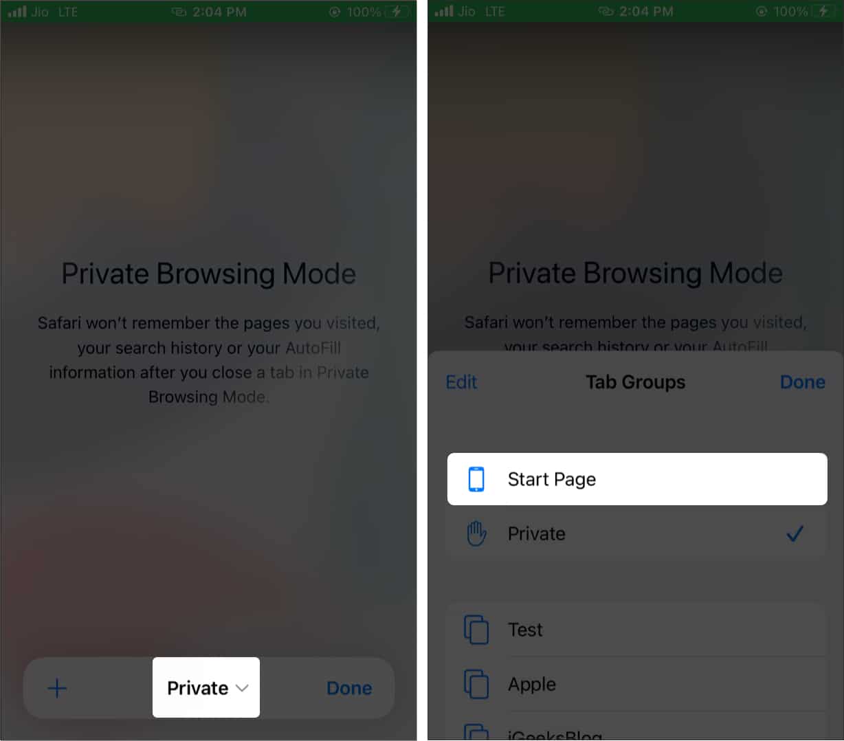 Tap Private and choose Start Page or a Tab Group in iOS 15