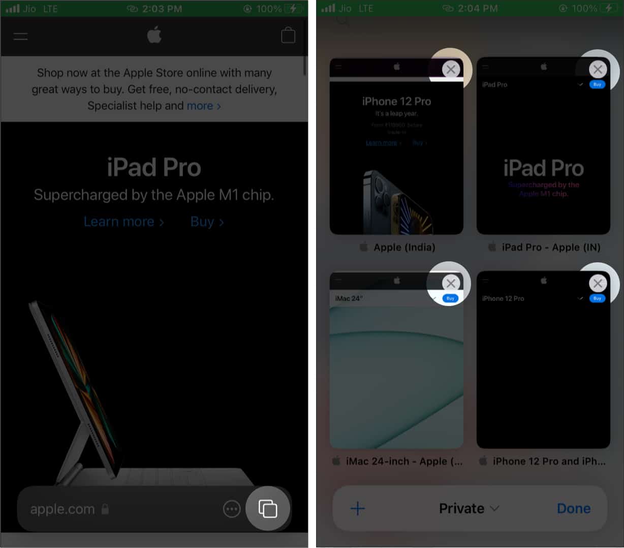 remove privacy from safari Tap two square icon and tap x to close all private tabs