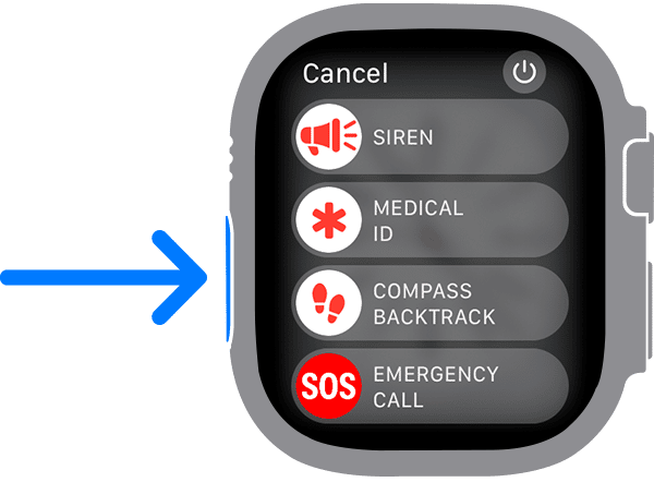 Arrow pointing to action button on Apple Watch Ultra and siren function on screen