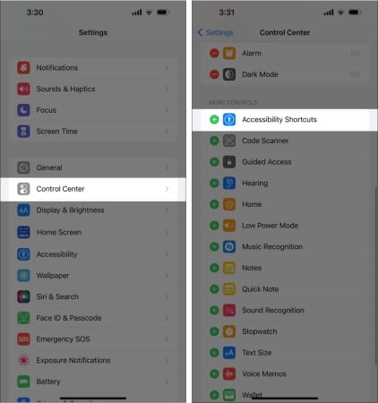 Add Accessibility Shortcuts in Control Center