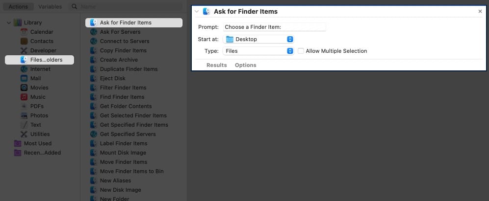 Požádejte o položky Finderu v Automatoru na MacBooku