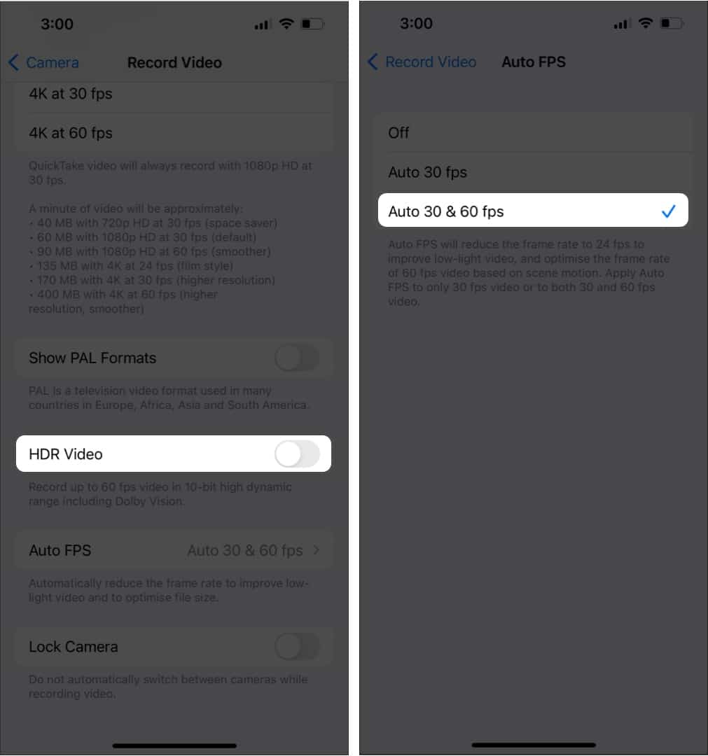Choosing Auto FPS in iPhone Camera settings