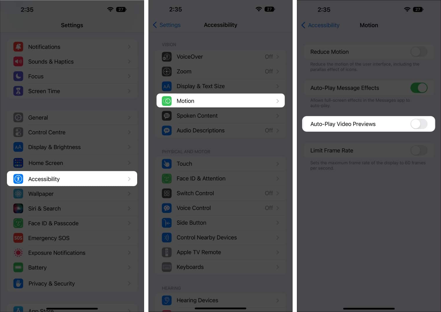 Steps to turn off Auto-Play Video Previews in iPhone Accessibility settings