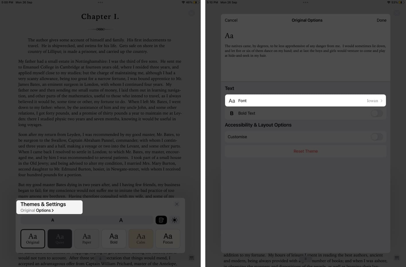 Changing font style while reading Books on an iPad