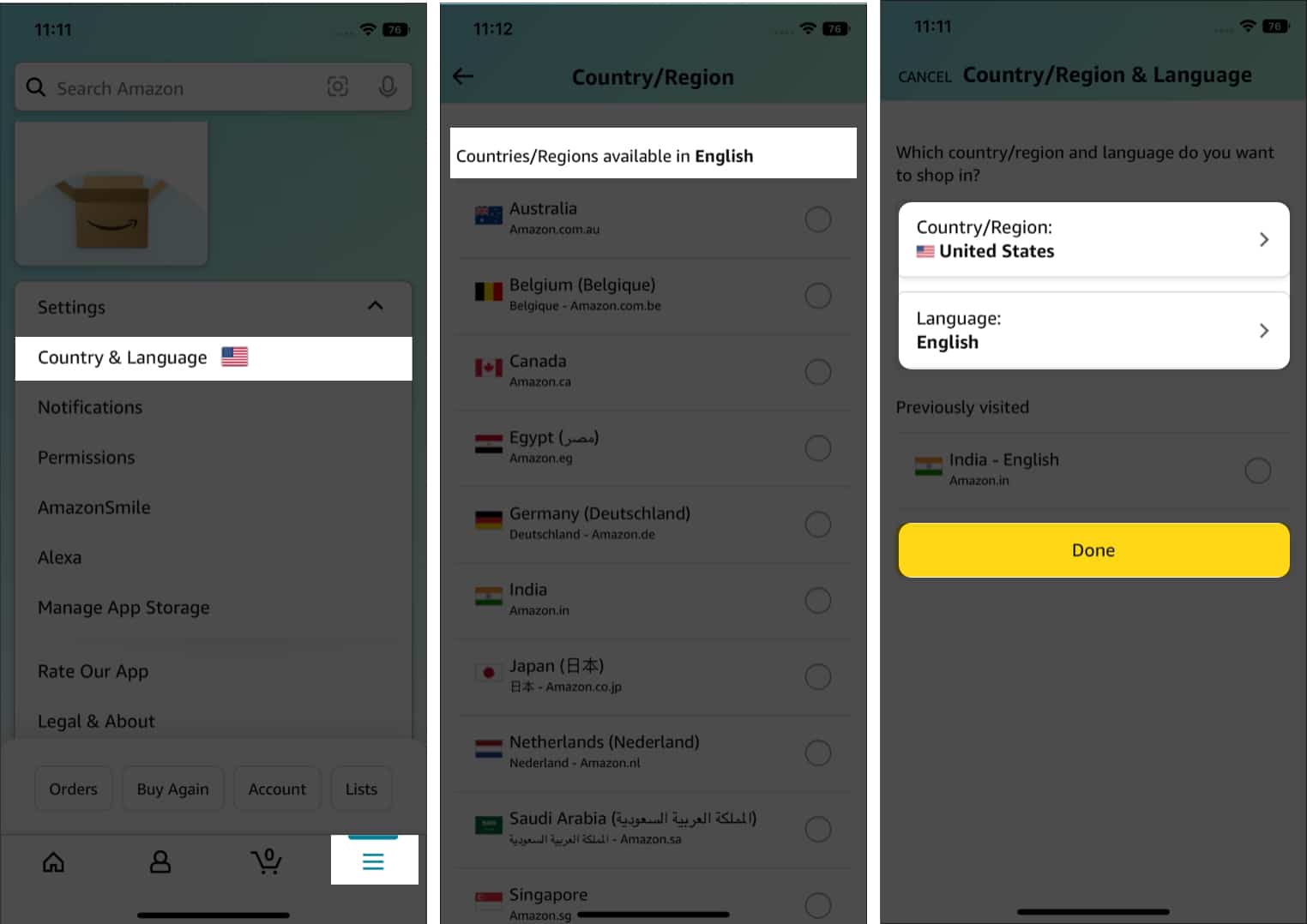 Change country and language in Amazon app on iPhone