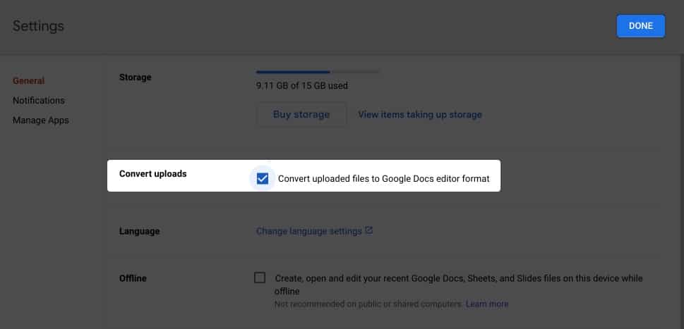 Enabling Convert Uploads in Google Drive on a MacBook