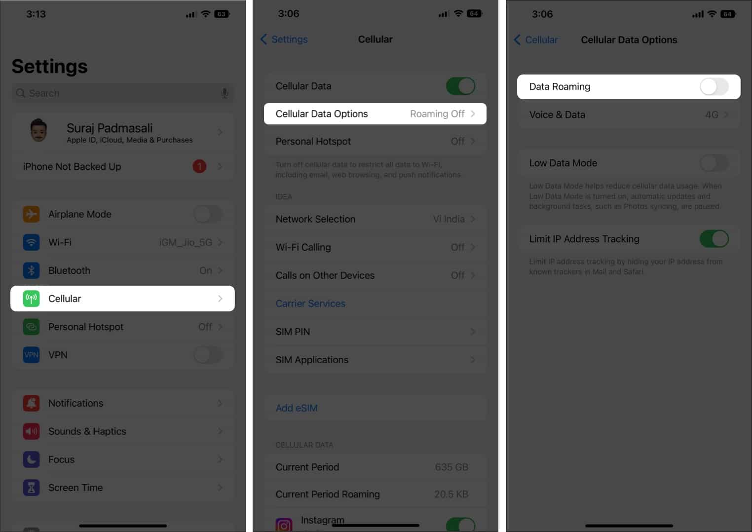 Langkah-langkah yang menunjukkan cara mematikan Data Perayauan pada iPhone