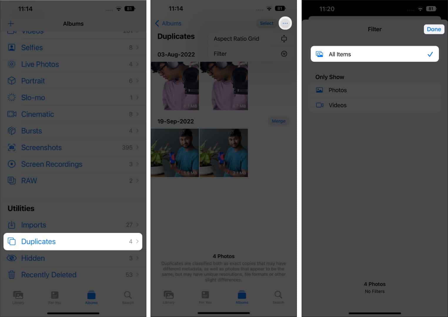 Adding Duplicates filter in Photos app on an iPhone