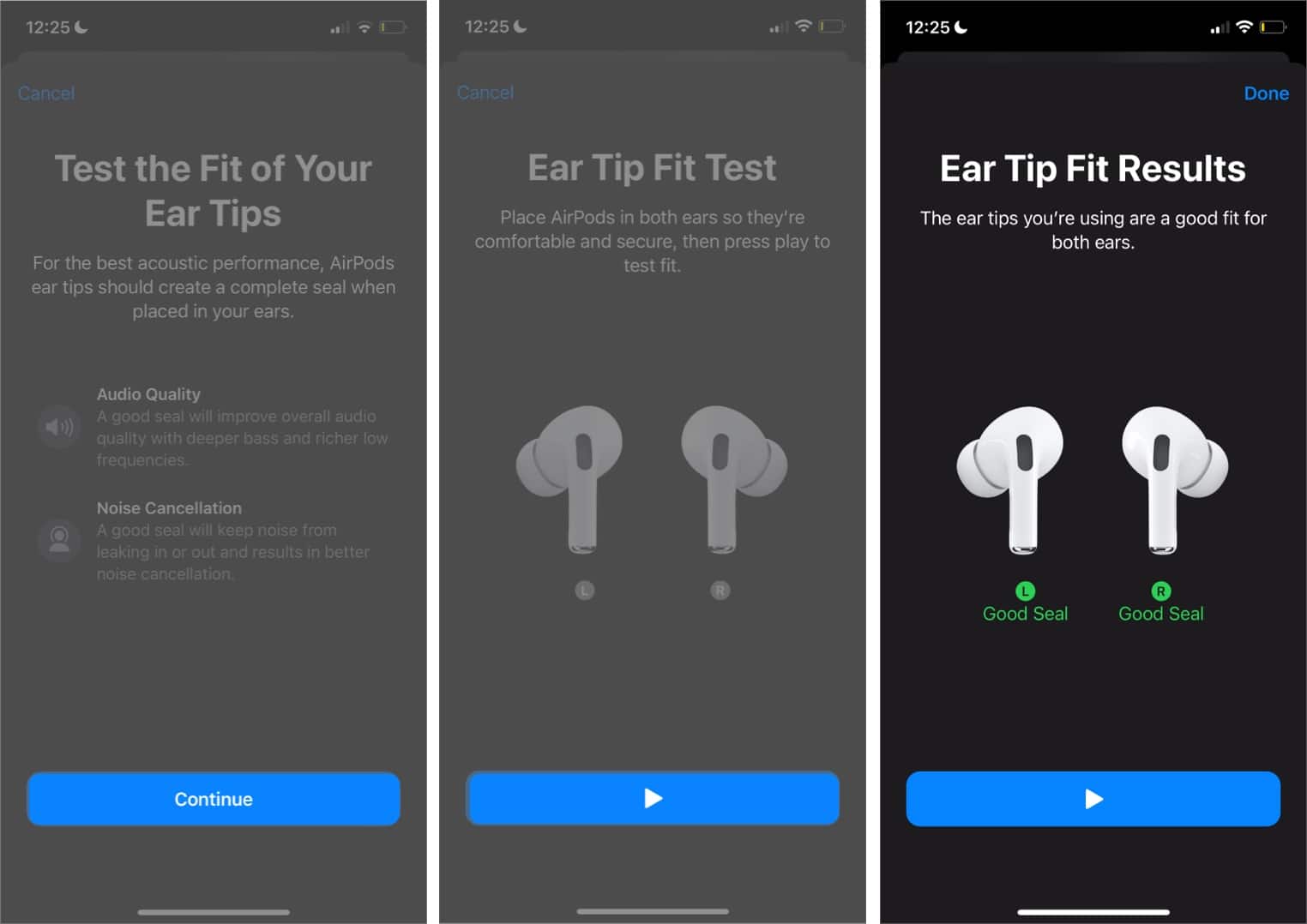 Final steps to run Ear Tip Fit Test on an iPhone for AirPods