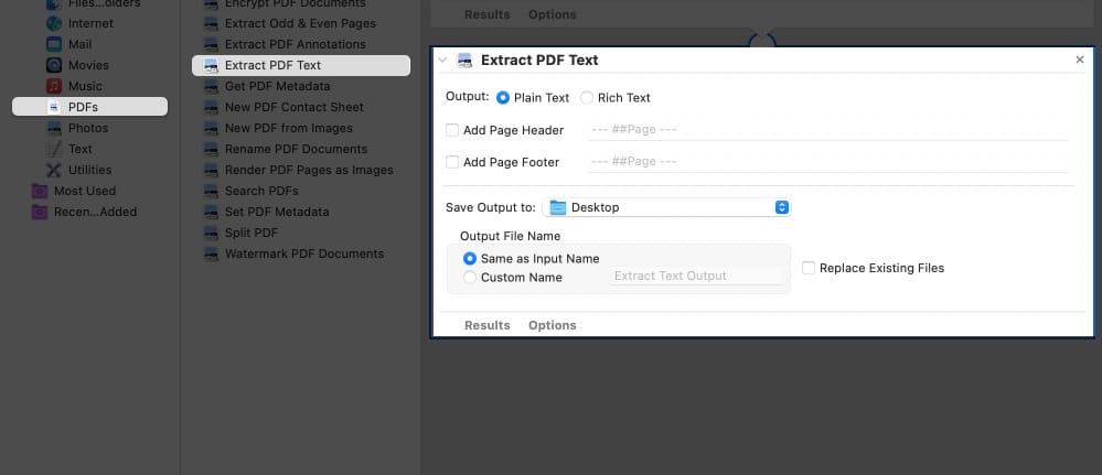 Export PDF to Text in Automator app on a MacBook