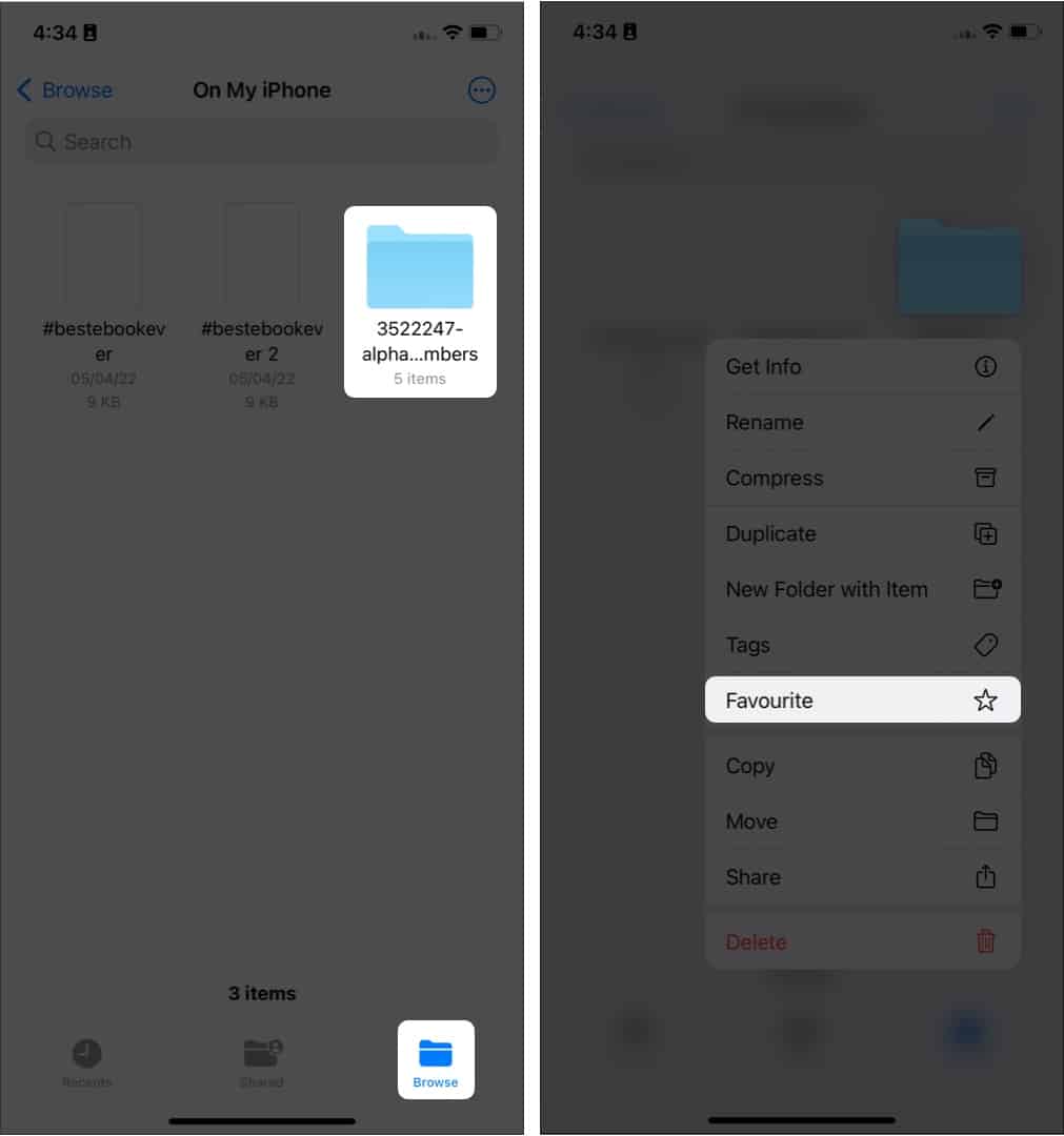 Steps to add a folder to favorites in Files app on an iPhone