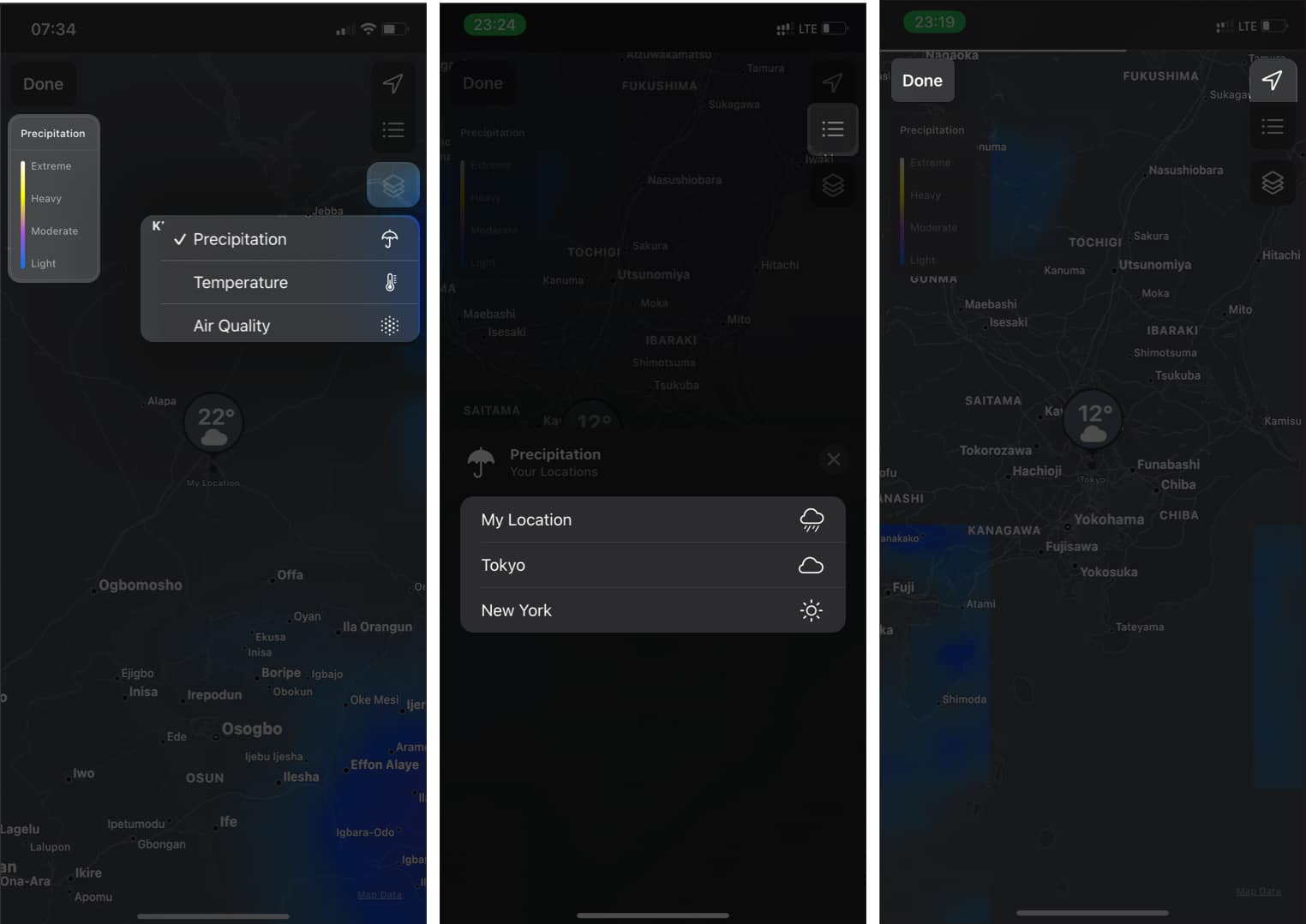 Penggunaan am peta cuaca iPhone