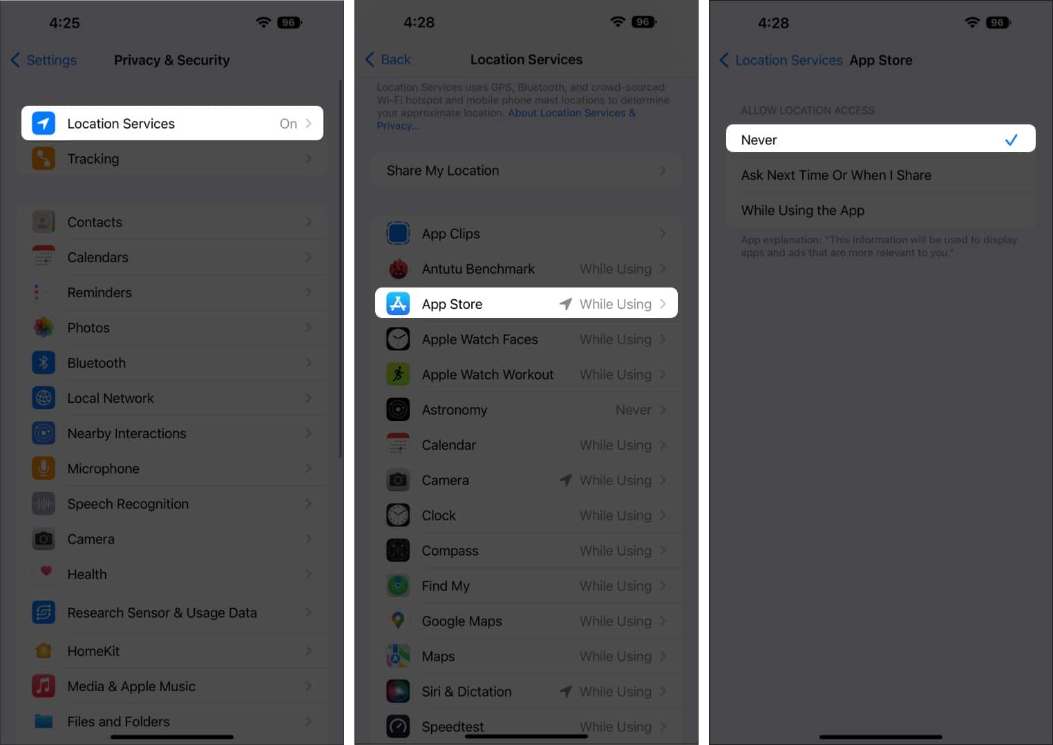 Steps to disable Location Services for App Store on an iPhone 