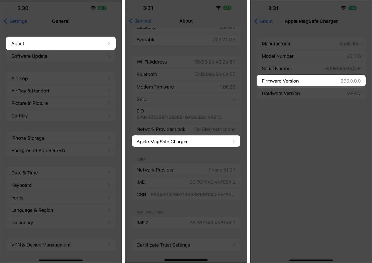 Steps to check Apple MagSafe charger firmware on an iPhone