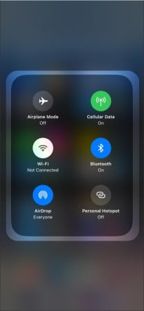Network Settings in Control Center on iPhone