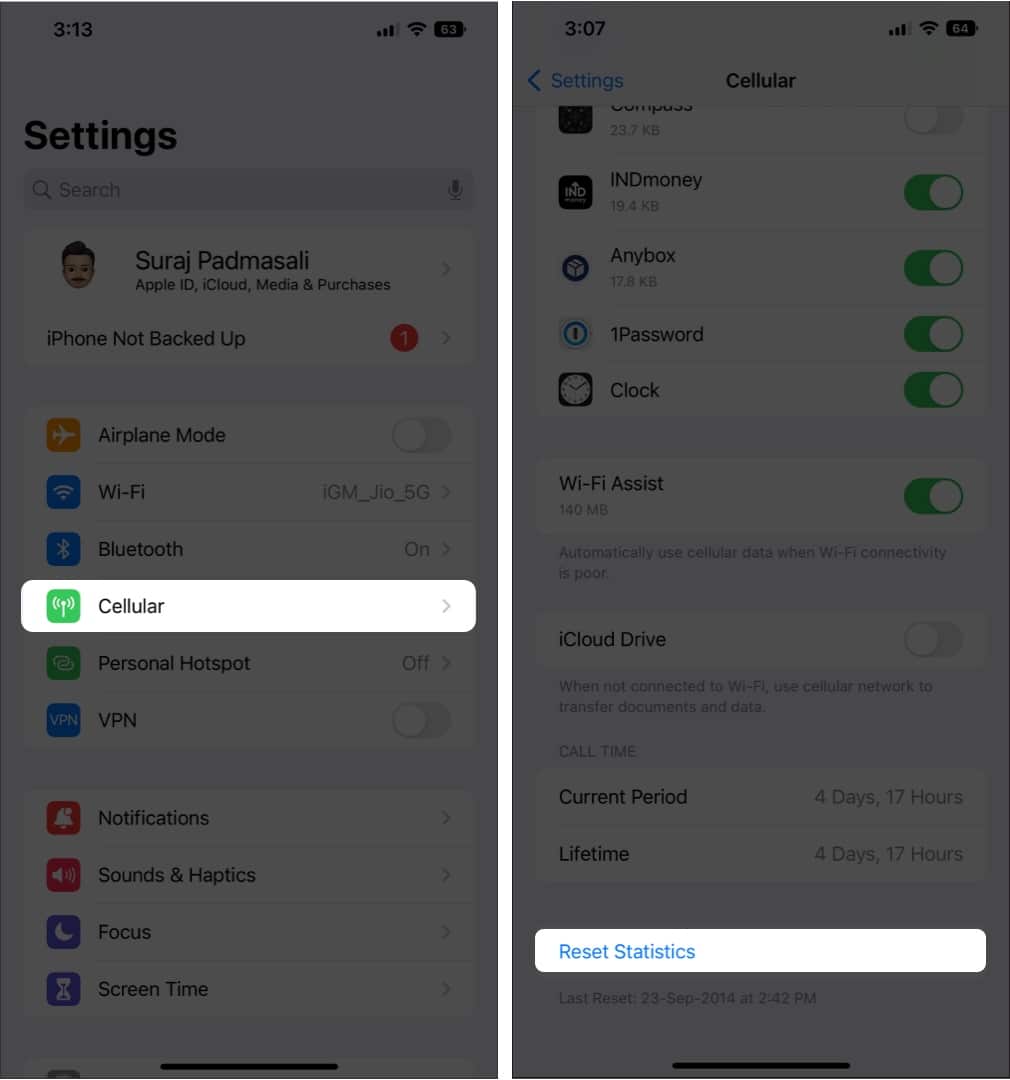 Steps to reset data usage statistics on an iPhone