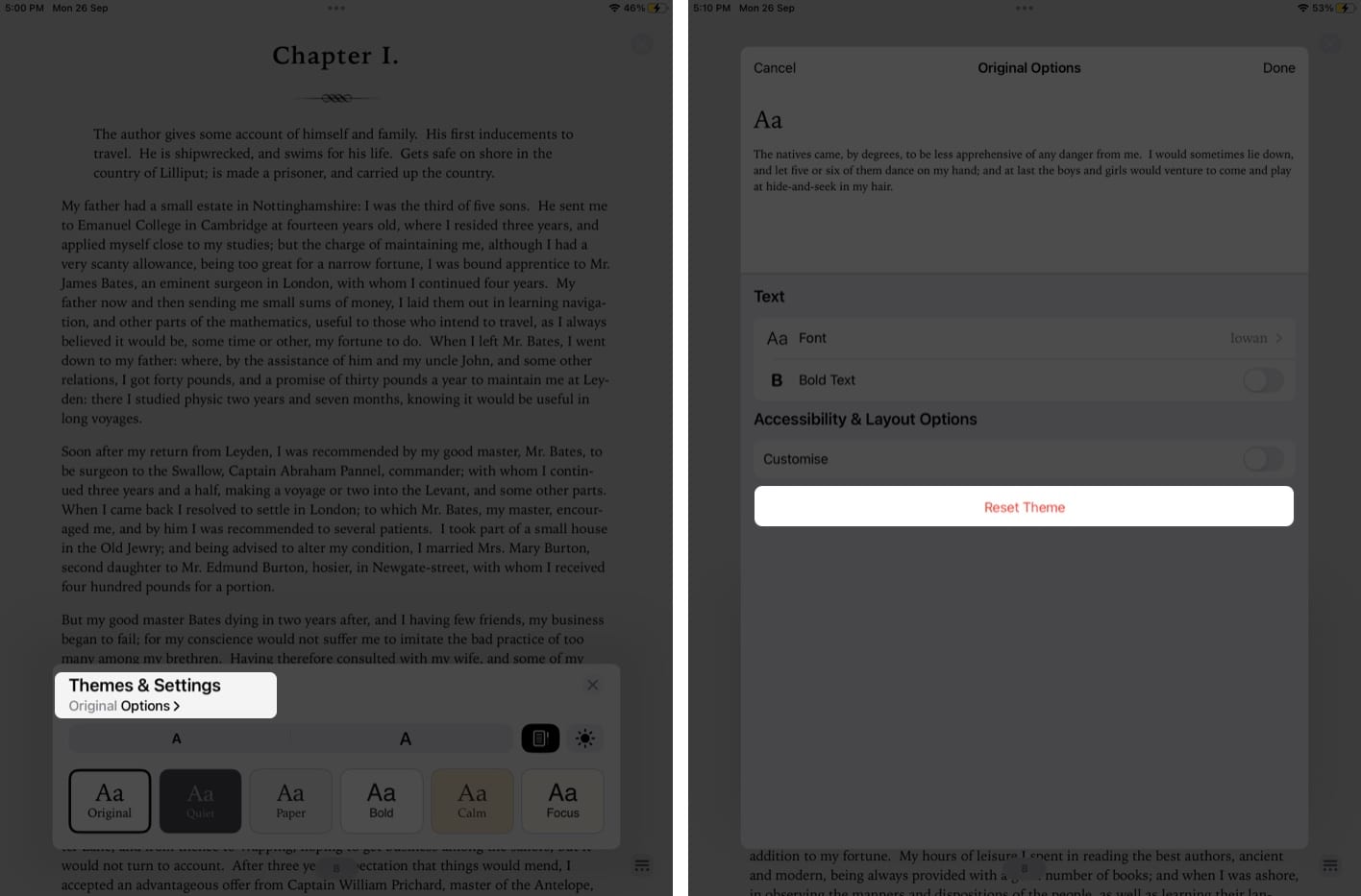 Steps to Reset Theme in Books app on an iPad 