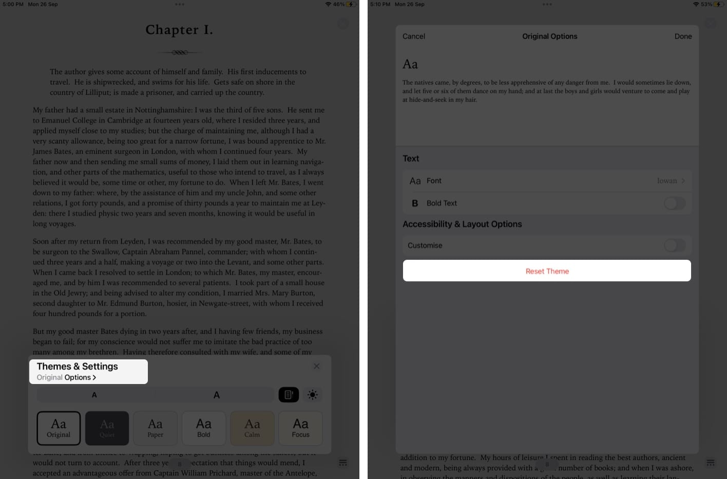 Steps to Reset Theme in Books app on an iPad
