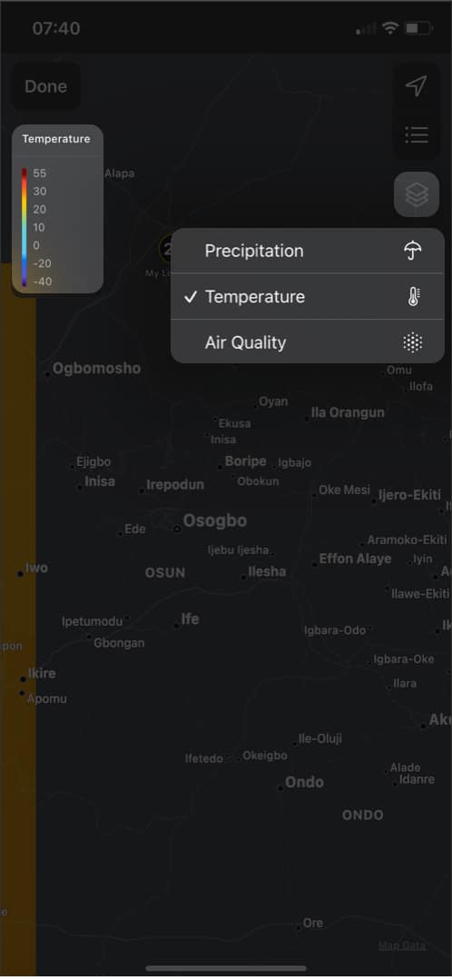 Lihat suhu semasa pada iPhone