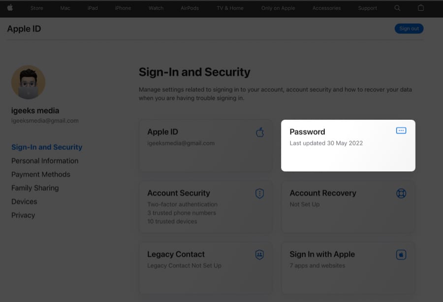 Select Sign-in and Security and Password on Mac