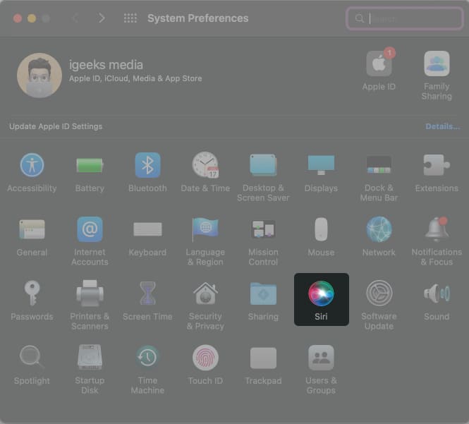 Select Siri in System preferences on Mac