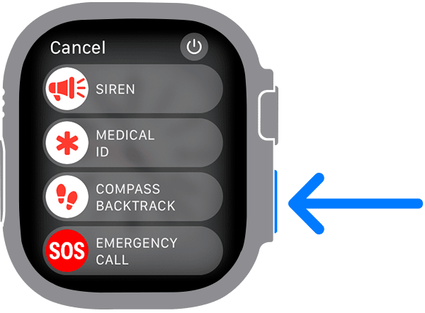 Arrow pointing to Side Button and Siren feature on the Apple Watch Ultra screen