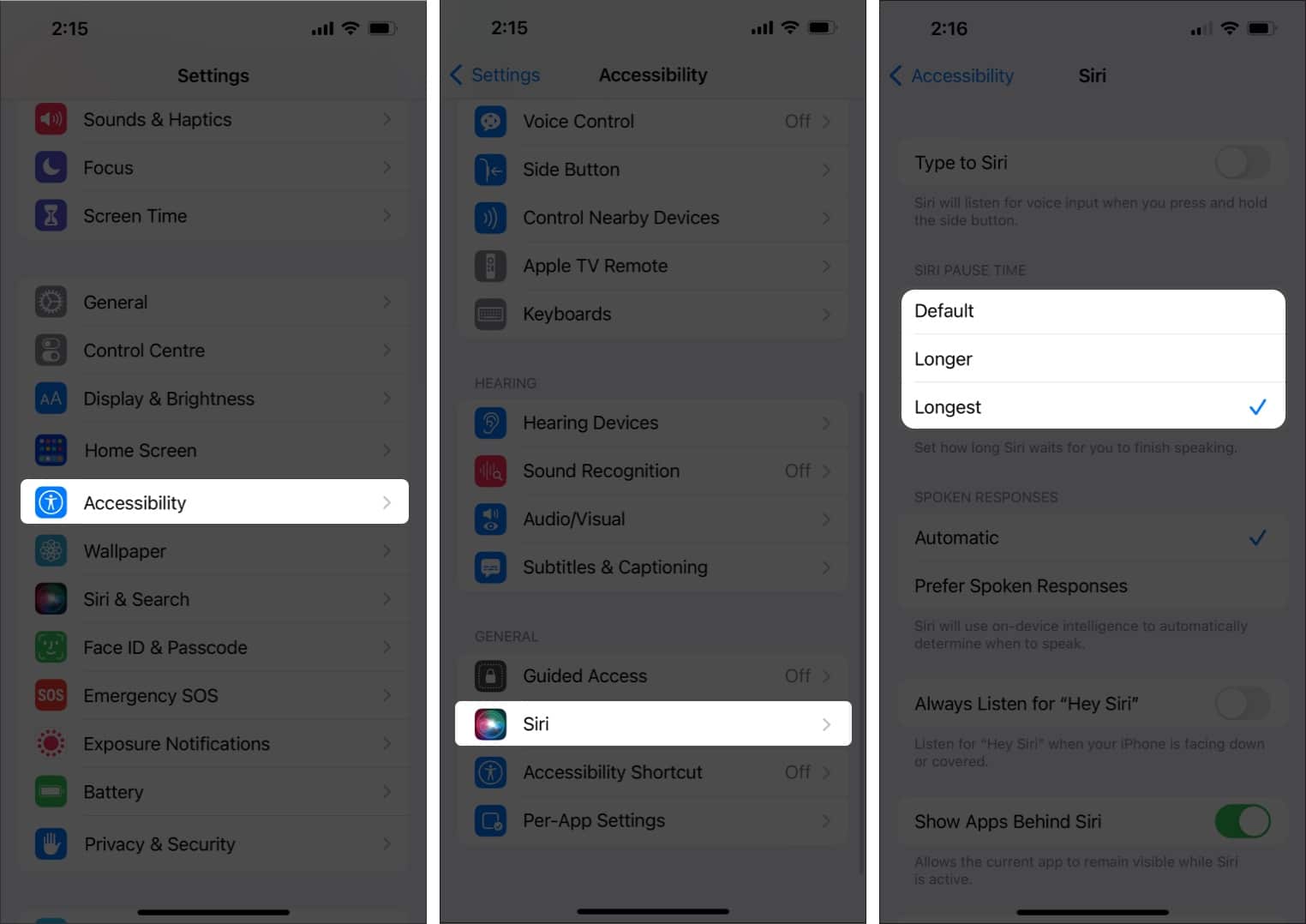 Zvýrazněné kroky pro změnu doby čekání Siri v nastavení iPhone Accessibility