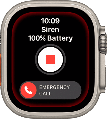 Tlačítko Zastavit sirénu na obrazovce Apple Watch Ultra