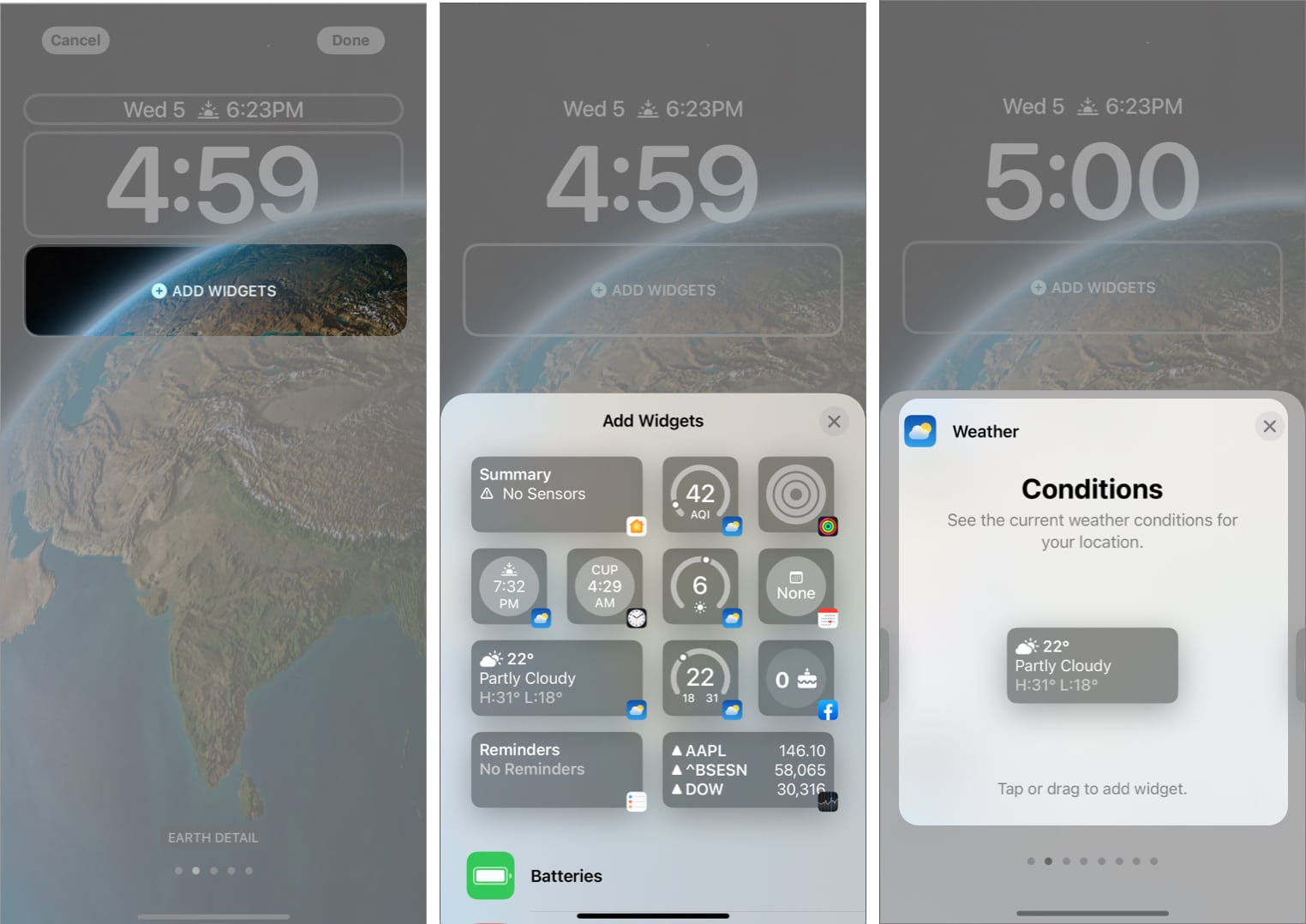 Tap ADD WIDGETS to add weather widgets on iPhone