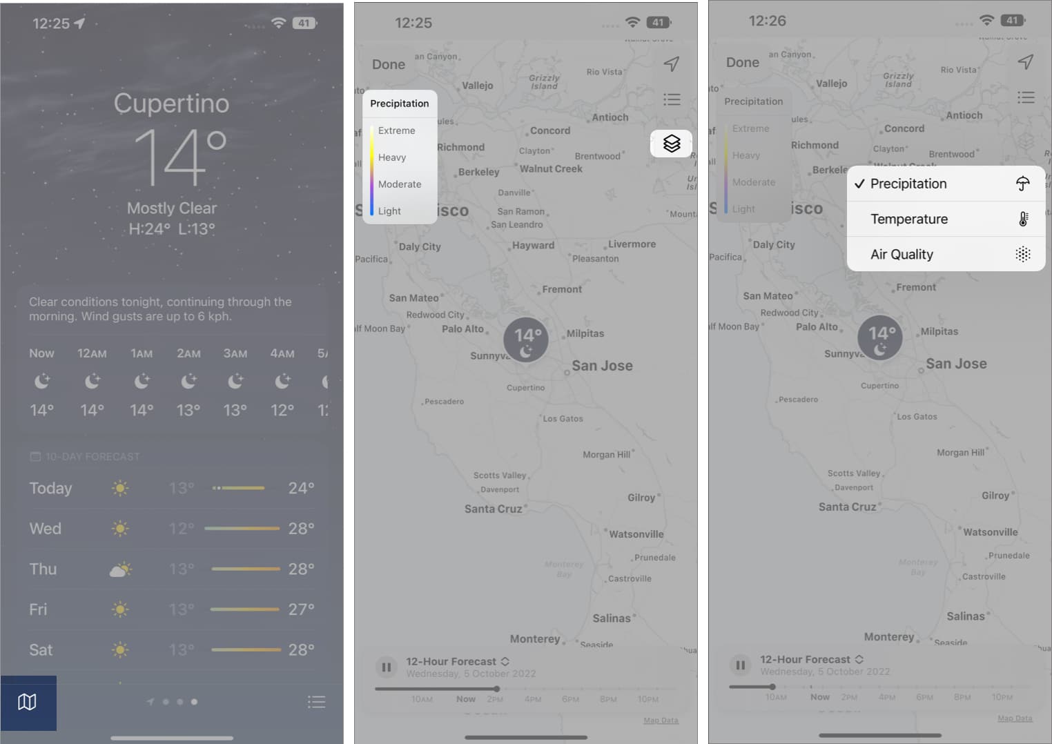Tap layers icon to switch between Precipitation, Temperature, and Air Quality