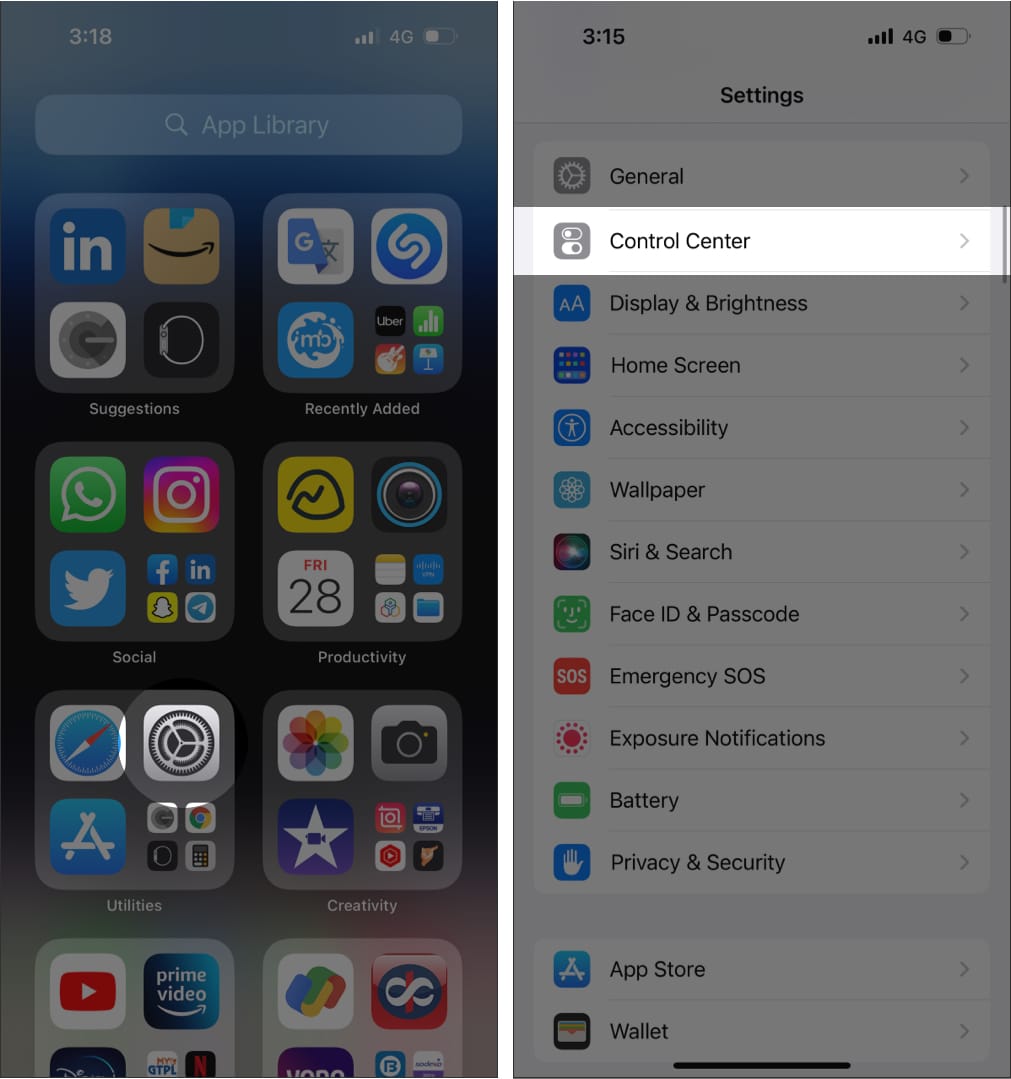 Tap on Control Centre in iPhone Settings