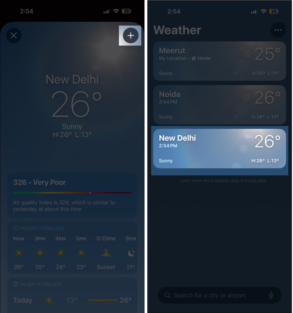 Tap the plus icon and drag cities to rearrange their order
