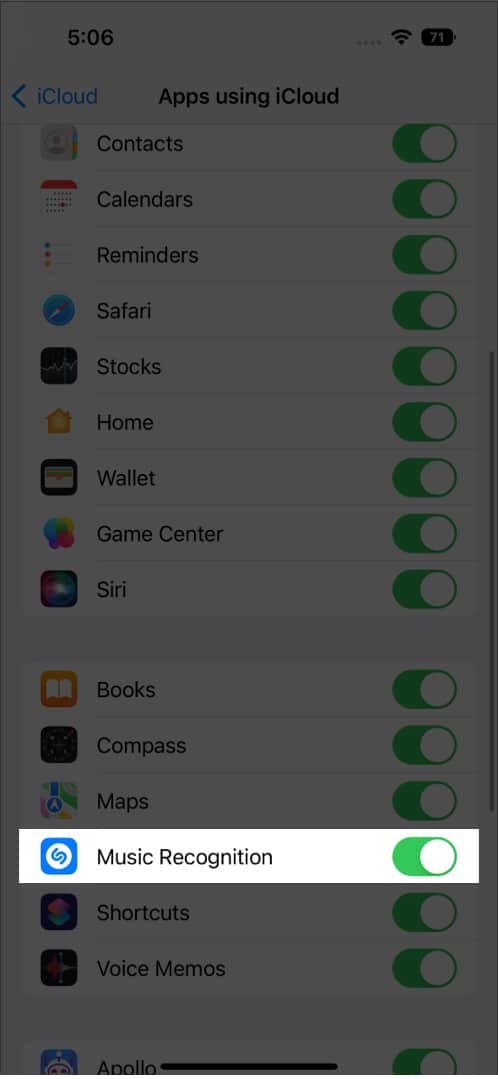 Toggle on Music Recognition in setting on iPhone