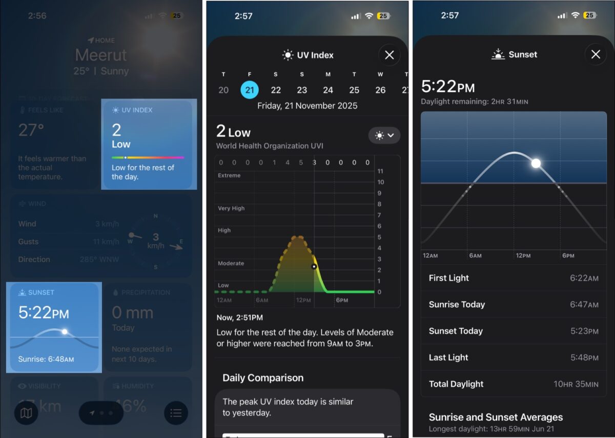 Track UV Index and Sunrise or Sunset in Weather App