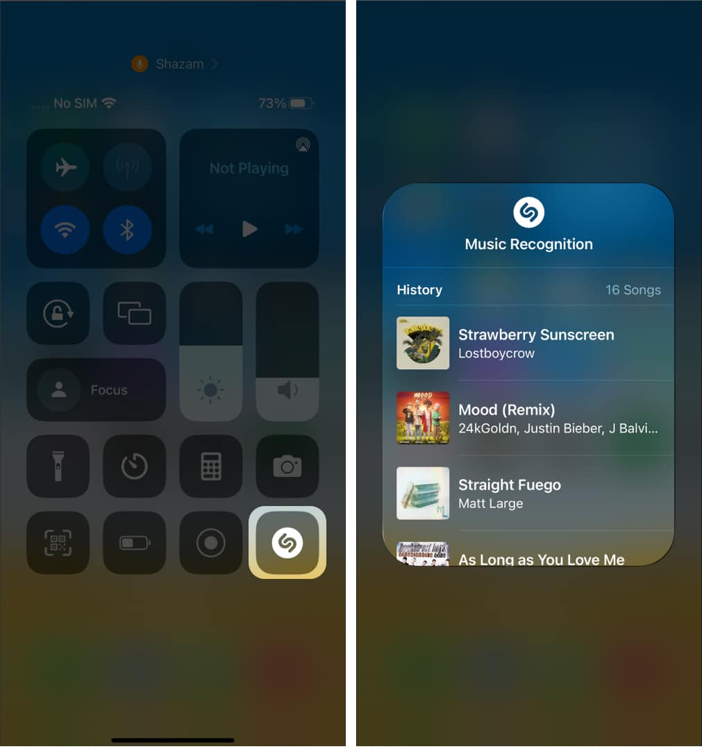 View Shazam Music Recognition history from Control Center