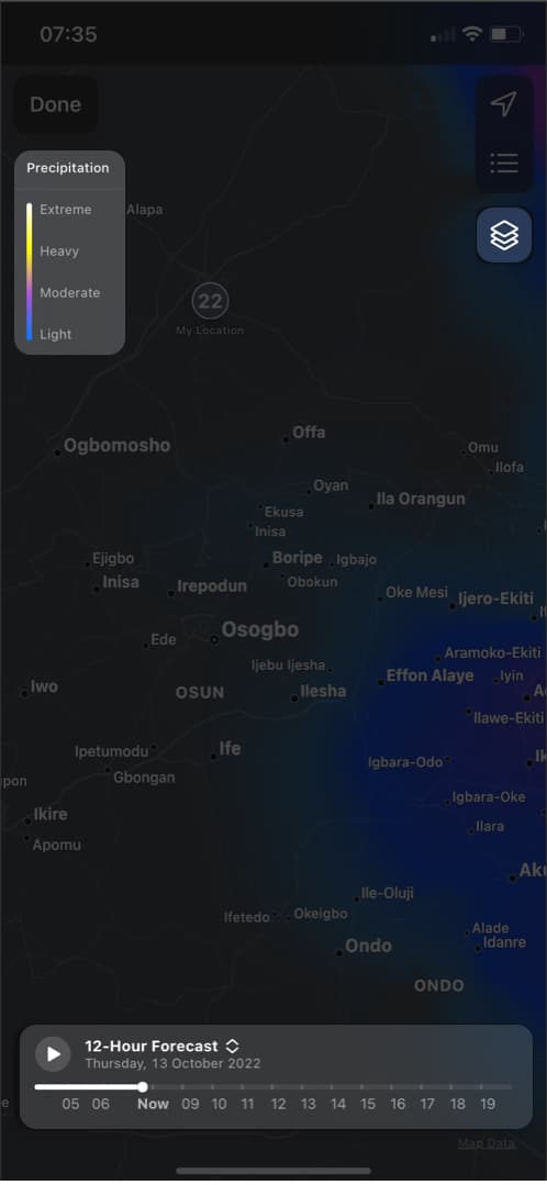 View rainfall forecast on iPhone with wather app