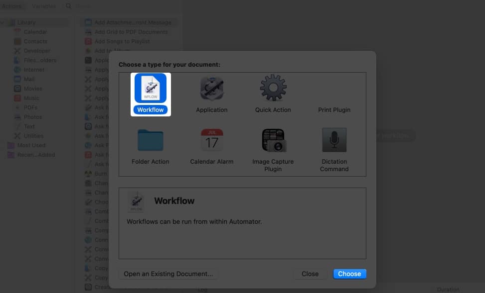 Memilih Aliran Kerja dalam apl Automator pada Mac