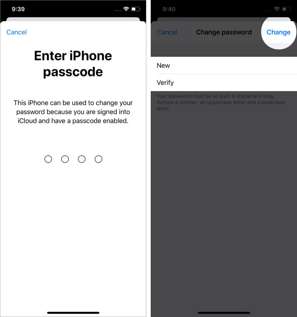 enter new password and tap on change to reset apple id password from iphone and ipad