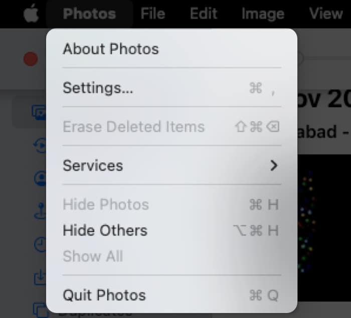 Open settings of photos app on mac